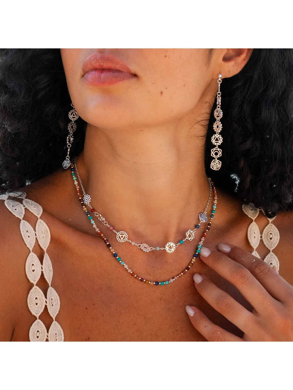Lotus and luna, Silver Seven Chakras Healing Necklace